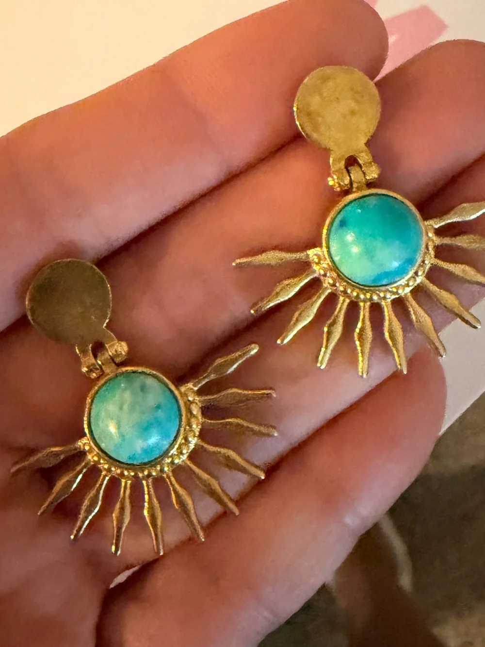 Turkish Gold Played Sunburst Drop Earrings with Turquoise-Colored Natural Stone - Picture 1 of 5